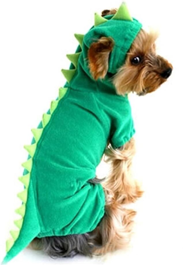 Perro disfrazado en halloween de dinosaurio