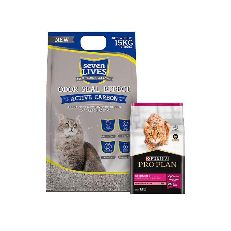 Combo arena para gatos Seven Lives y comida para gatos pro plan